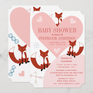 Fox and Hearts Baby Girl Shower Invitations