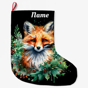 Fox and Holly with Red Berries Large Christmas Stocking