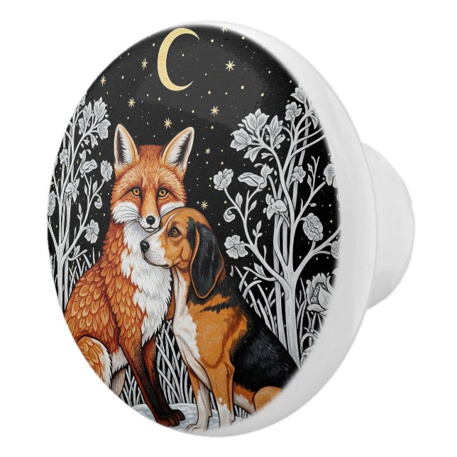 Fox and Hound, Winter Night Art Ceramic Knob (Right)