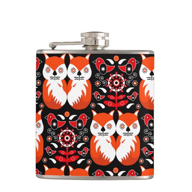 Fox And Nature Nordic Folk Art Hip Flask (Front)