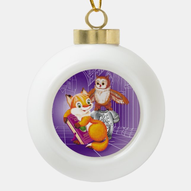 fox and owl ceramic ball christmas ornament (Front)