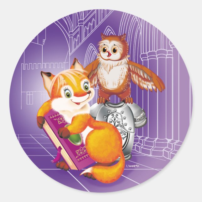 fox and owl classic round sticker (Front)