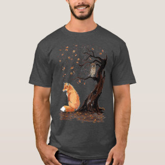 Fox and Owl on the Tree Animal Lover Cute autumn l T-Shirt