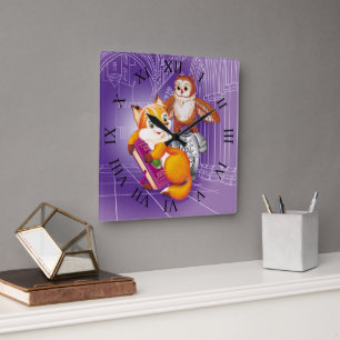 fox and owl square wall clock