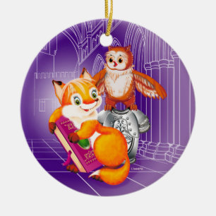 fox and owl  violet ceramic tree decoration