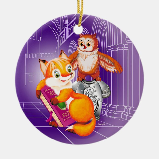 fox and owl  violet ceramic tree decoration (Front)