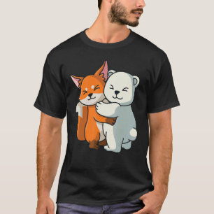 Fox And Polar Bear Hugging Cute Animal Women Girl T-Shirt