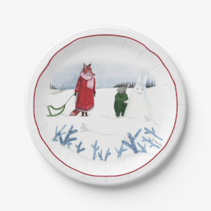 Fox And Rabbit Illustration Holiday Snow Christmas Paper Plate