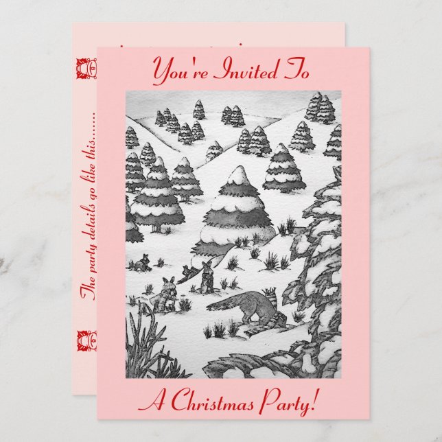 fox and rabbits snow scene christmas invitation (Front/Back)