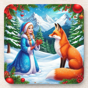 Fox and Snow Maiden in Winter Woodland Scene Coaster