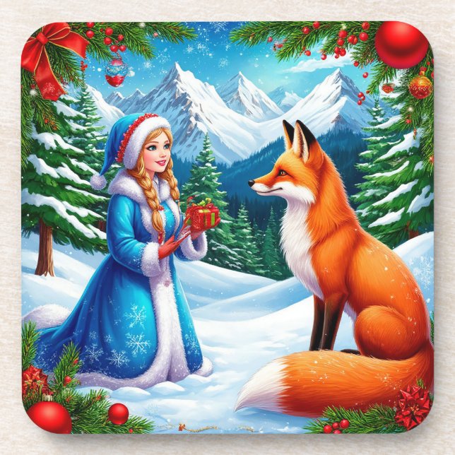 Fox and Snow Maiden in Winter Woodland Scene Coaster (Front)