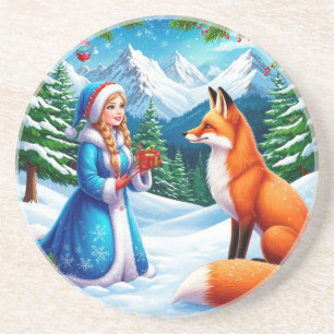 Fox and Snow Maiden in Winter Woodland Scene Coaster