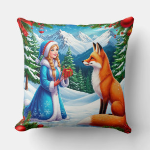 Fox and Snow Maiden in Winter Woodland Scene Cushion