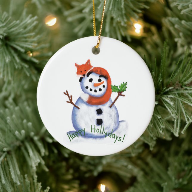 Fox and Snowman Happy Hollydays! Ceramic Tree Decoration (Tree)
