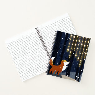 Fox and star light strings in winter snowy forest notebook