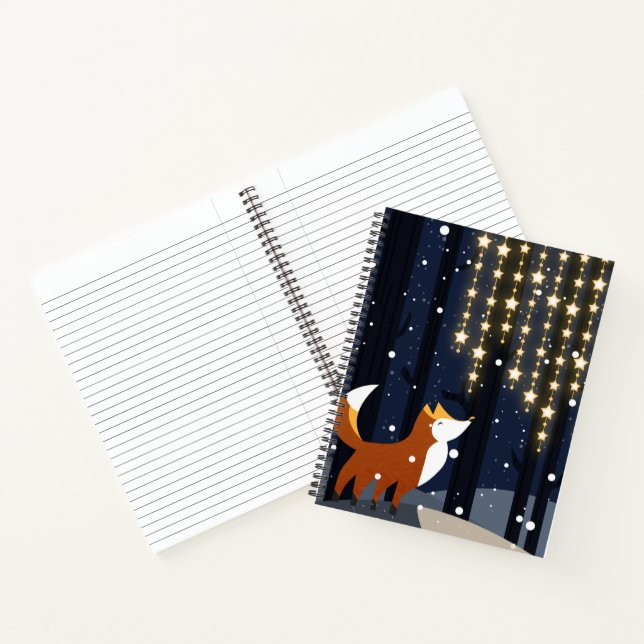 Fox and star light strings in winter snowy forest notebook (Inside)