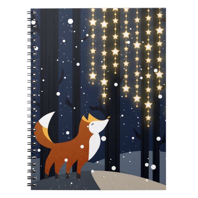 Fox and star light strings in winter snowy forest notebook (Front)