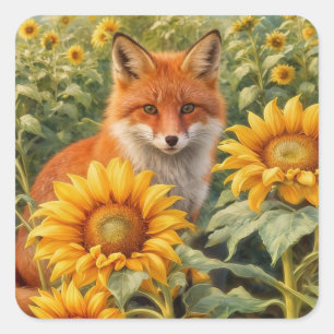 Fox and Sunflowers Pretty Enchanting Square Sticker