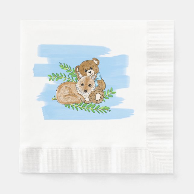 Fox and Teddy Bear Greenery Boy's Baby Shower Napkin (Front)