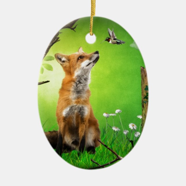 fox and the humming bird ceramic tree decoration (Front)