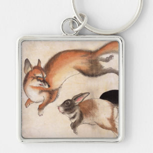 Fox and Two Hares, Vintage Japanese Painting Key Ring