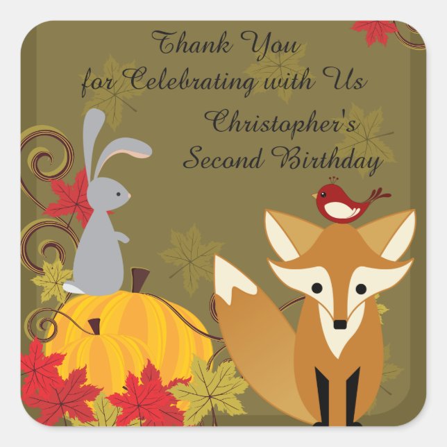 Fox and Woodland Animals Fall Birthday Thank You Square Sticker (Front)