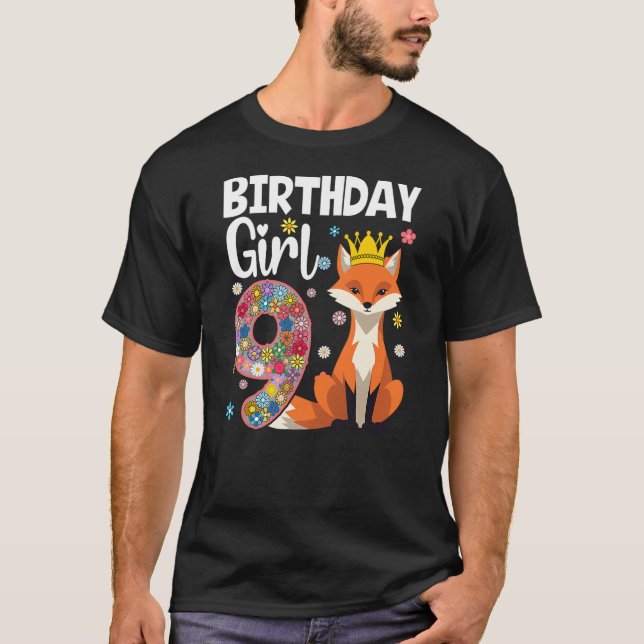 Fox Animal Lovers 9th Birthday Girl Fox B-day 9 ye T-Shirt (Front)