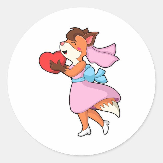 Fox as Bride with Dress & Heart Classic Round Sticker (Front)