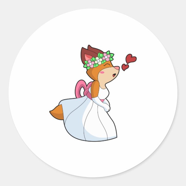 Fox as Bride with with Wedding dress & Flower wrea Classic Round Sticker (Front)