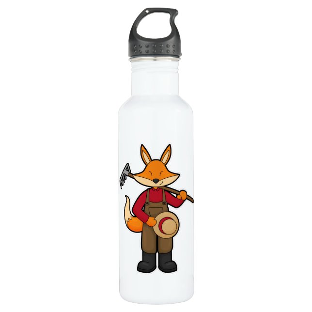 Fox as Farmer with Rake & Hat 710 Ml Water Bottle (Front)