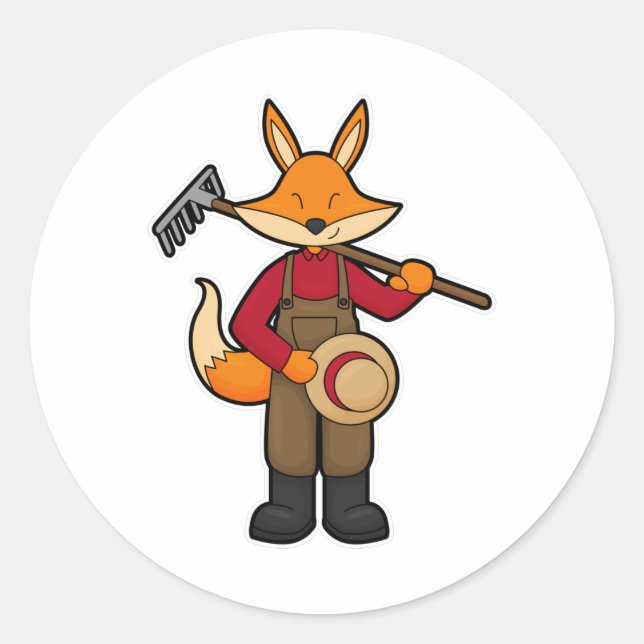 Fox as Farmer with Rake & Hat Classic Round Sticker (Front)
