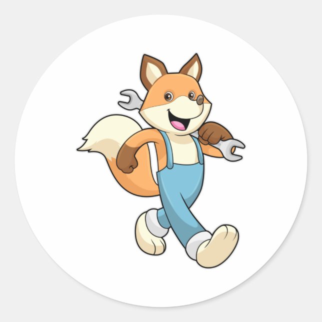Fox as Mechanic with Wrench Classic Round Sticker (Front)