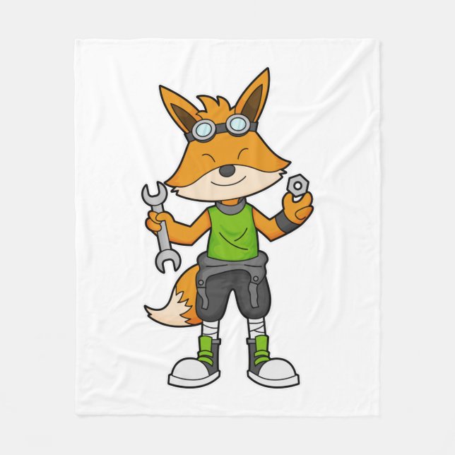 Fox as Mechanic with Wrench & Nut Fleece Blanket (Front)