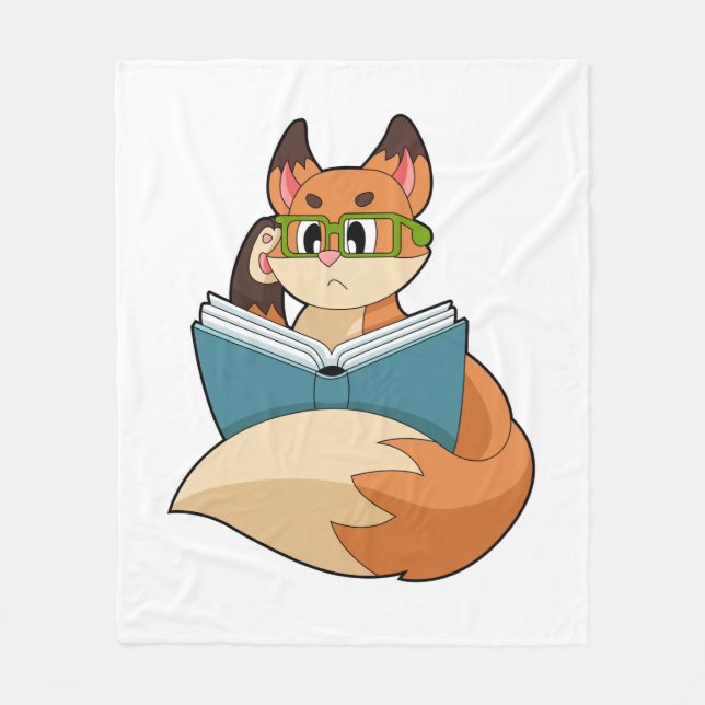 Fox as Nerd with Book & Glasses Fleece Blanket (Front)