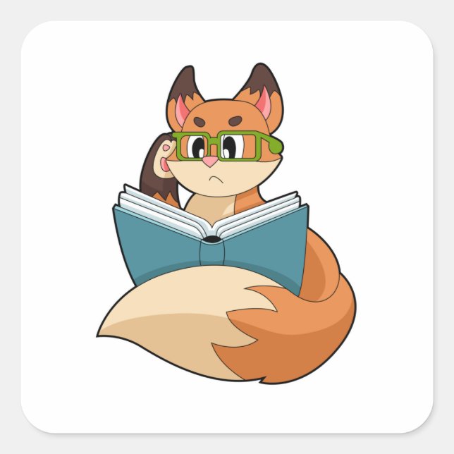 Fox as Nerd with Book & Glasses Square Sticker (Front)