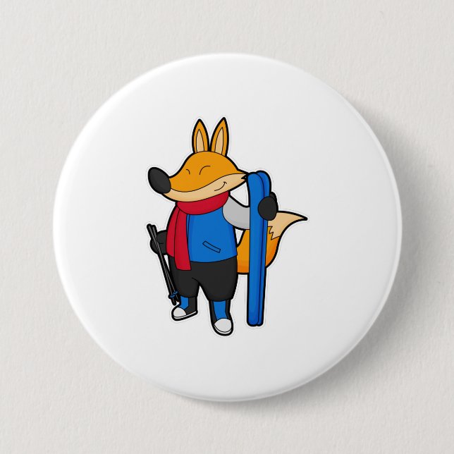 Fox as Skier with Ski 7.5 Cm Round Badge (Front)