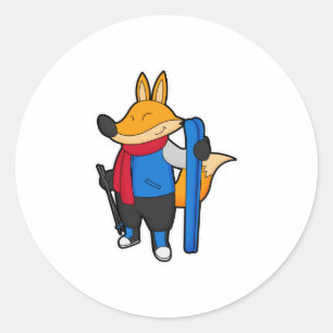 Fox as Skier with Ski Classic Round Sticker