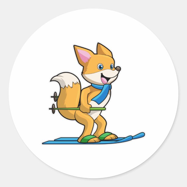 Fox as Skier with Ski & Ski poles Classic Round Sticker (Front)