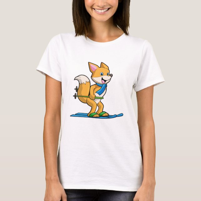 Fox as Skier with Ski & Ski poles T-Shirt (Front)