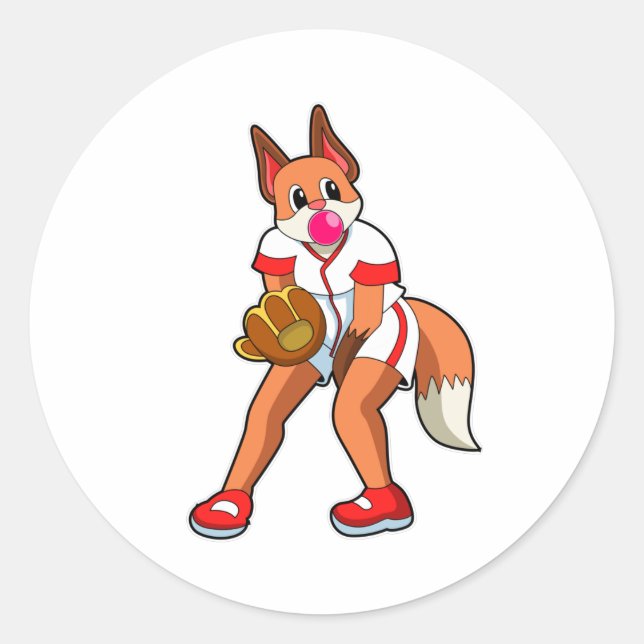Fox at Baseball with Baseball glove Classic Round Sticker (Front)