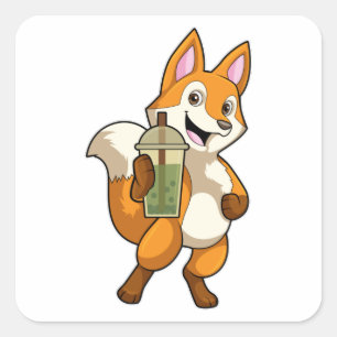Fox at Drinking with Bubble Tea Square Sticker