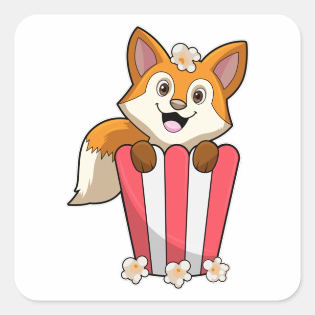 Fox at Eating with Popcorn Square Sticker (Front)