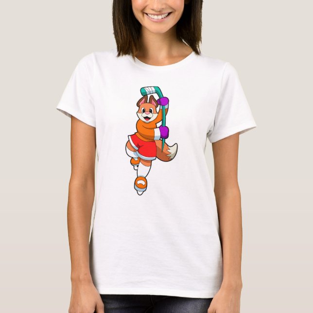 Fox at Ice hockey with Ice hockey stick T-Shirt (Front)