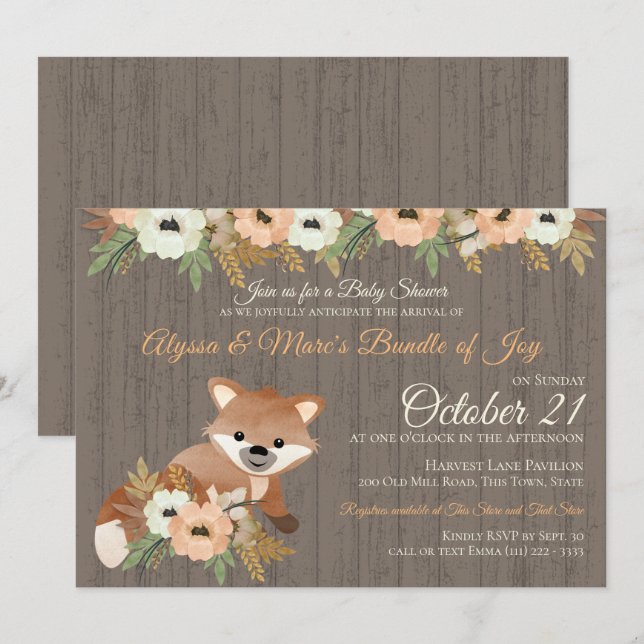 Fox Autumn Floral Woodland Baby Shower Invitation (Front/Back)