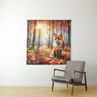 Fox Autumn Forest Watercolor Tapestry
