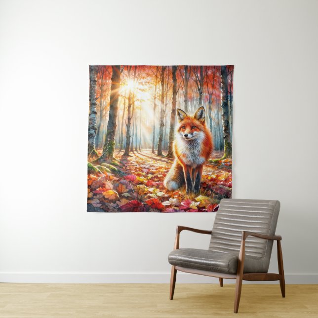 Fox Autumn Forest Watercolor Tapestry (In Situ)