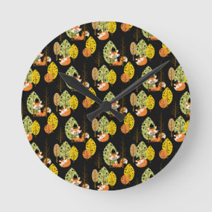 Fox Autumn Trees Forest Black Night Hipster Round Clock
