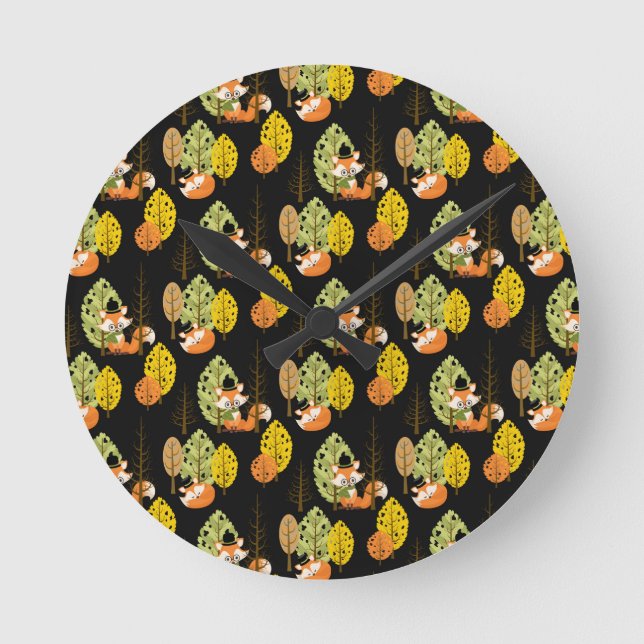 Fox Autumn Trees Forest Black Night Hipster Round Clock (Front)