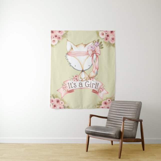 Fox Baby Shower Banner Backdrop Tapestry (In Situ)