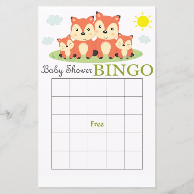 Fox baby shower bingo card (Front)